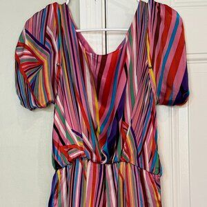 Line & Dot Multicolor Puff Sleeve Silk Mini Dress | Size S
